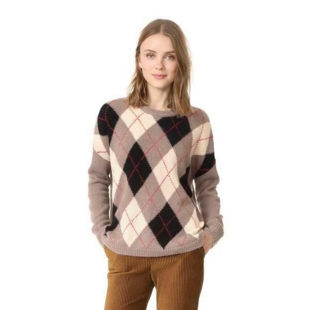 The Great Argyle Crewneck Sweater Tan Red Black